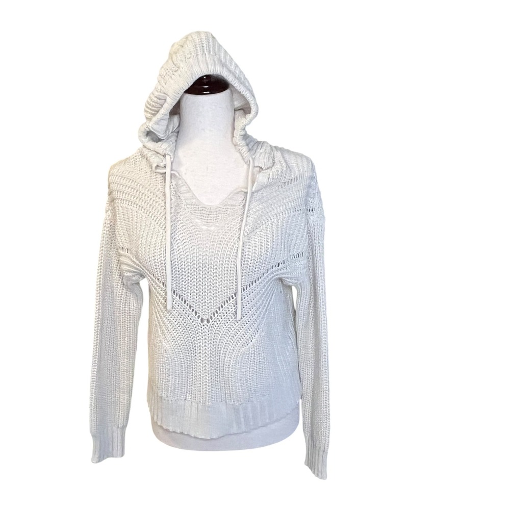 AERO Women Cream Knit‎ Crochet Hooded Pullover Sweater Size S Chunky Cozy Boho